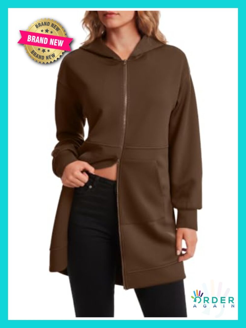 Zip Up Tunic Hoodie Longline Sweatshirt Drop Shoulder Pocket